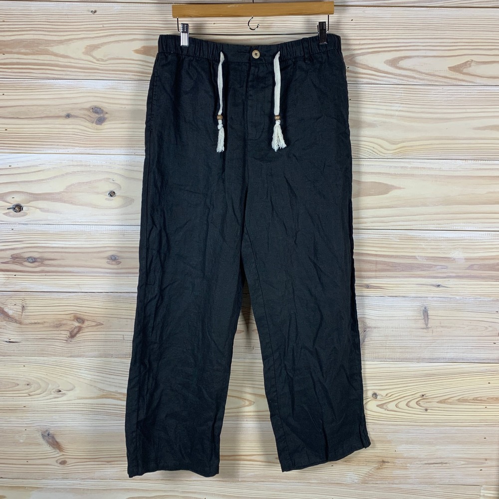 Maamgic Linen Pants Mens XL Black Relaxed Drawstring Lined Trousers Straight Leg